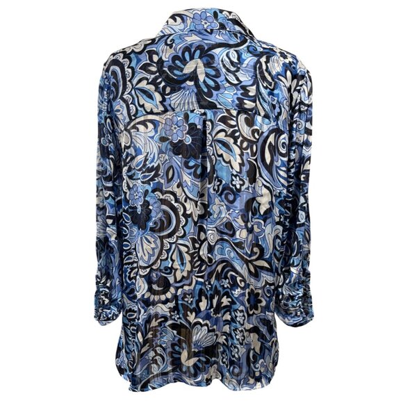 Haven & Blair Sheer Blouse Top Size 1X Blue White Button Front Collar - Picture 3 of 10